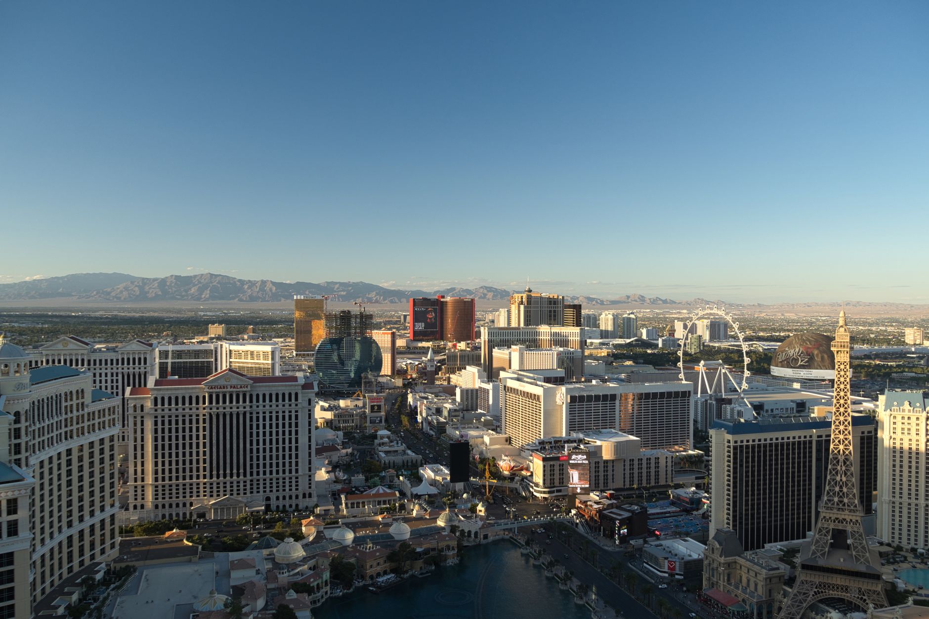 Aerial daybreak view of the Las Vegas Strip skyline near Caesars Palace
