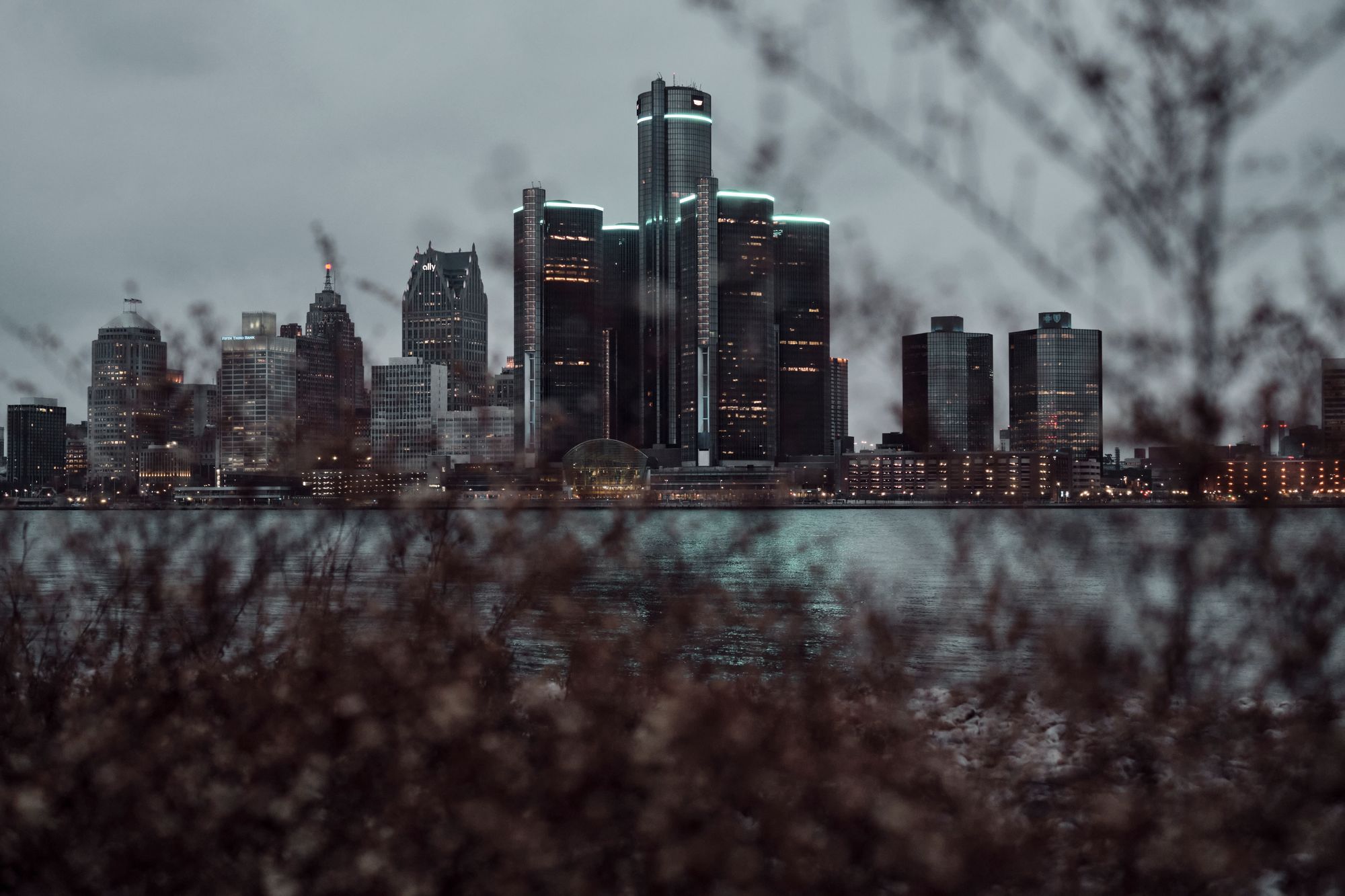 Detroit skyline and the Renaissance Center seen across the river at dusk