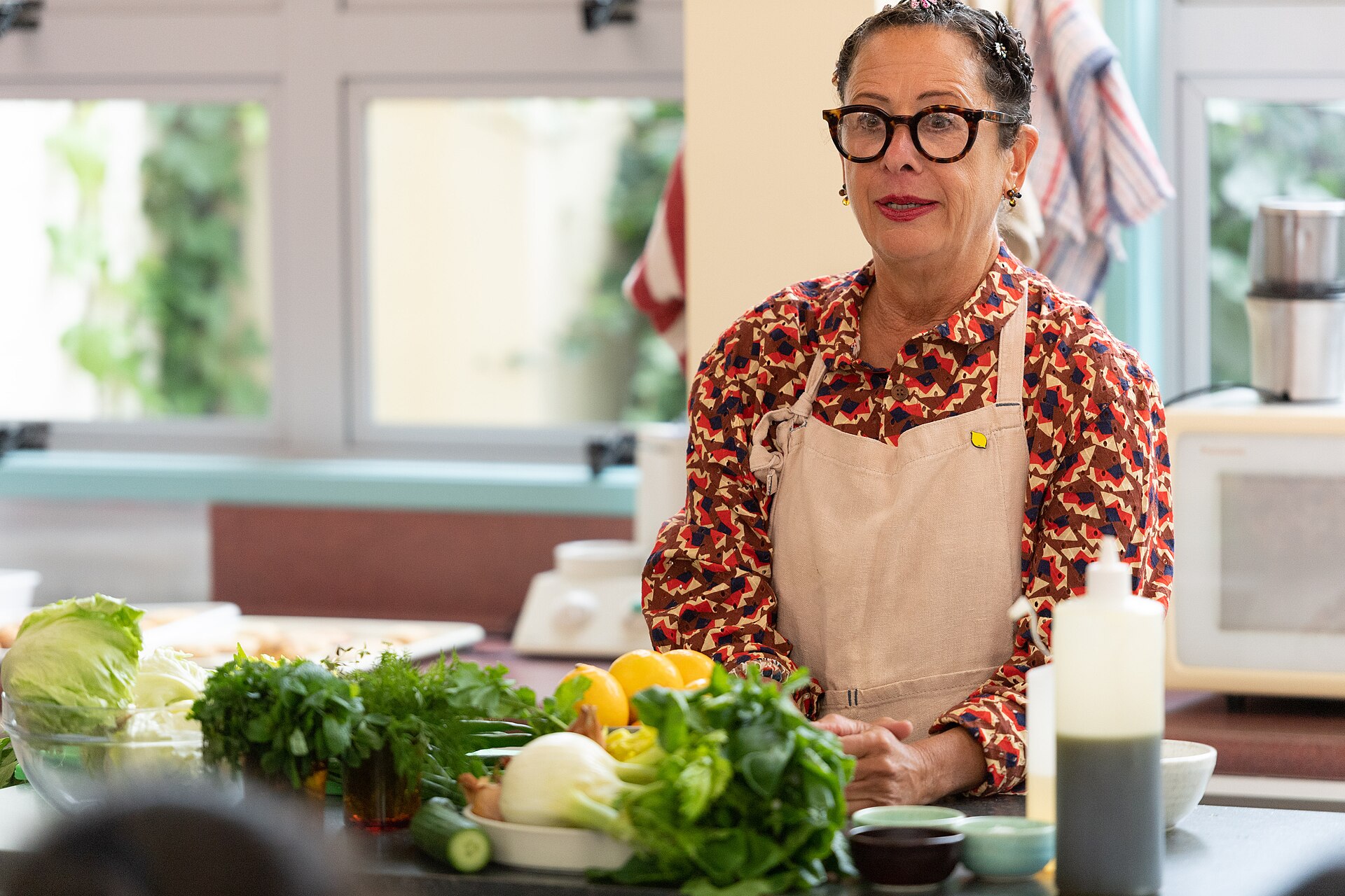 Nancy Silverton cooking at a demonstration, August 2019