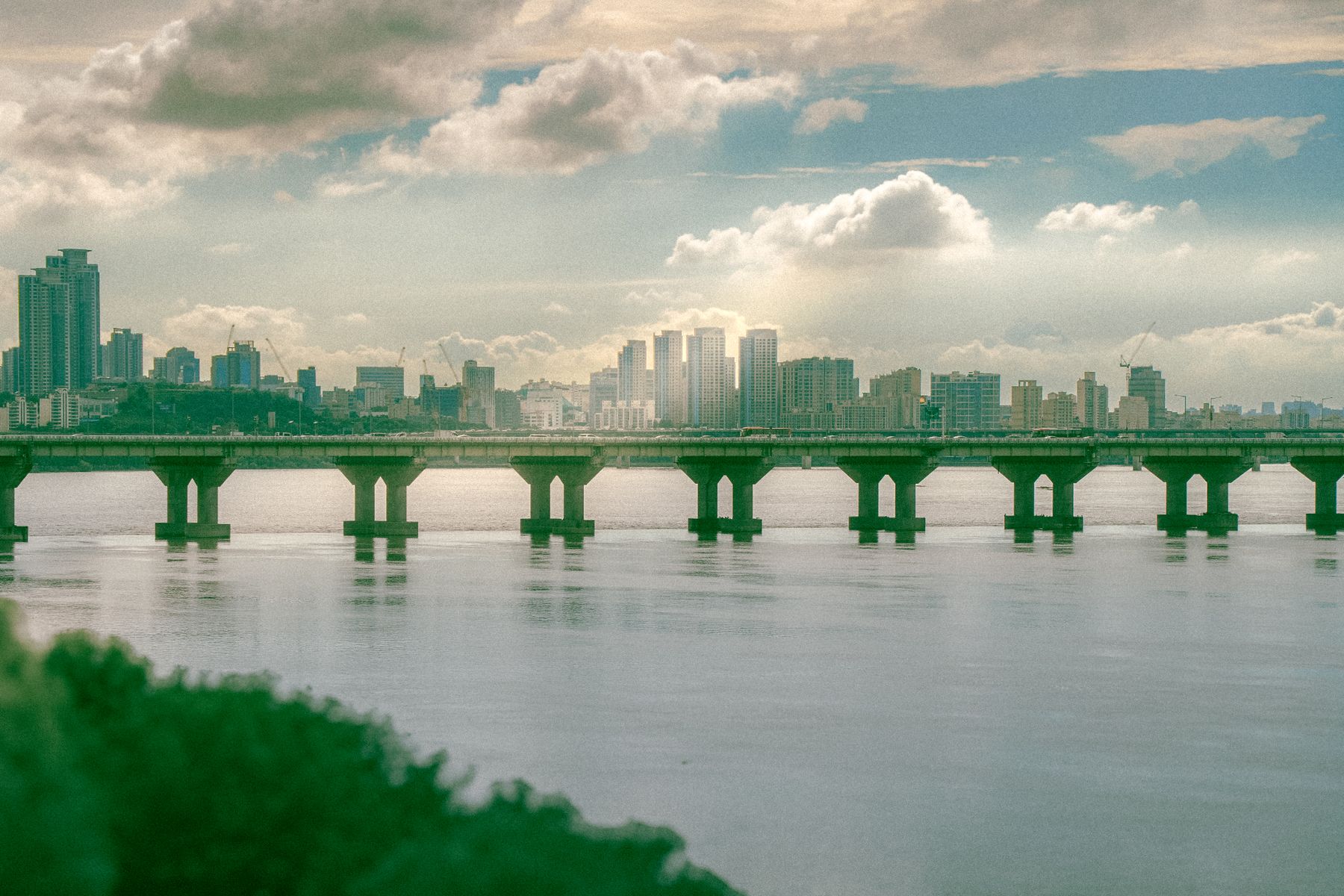Seoul skyline and Han River bridge near Gangnam business district