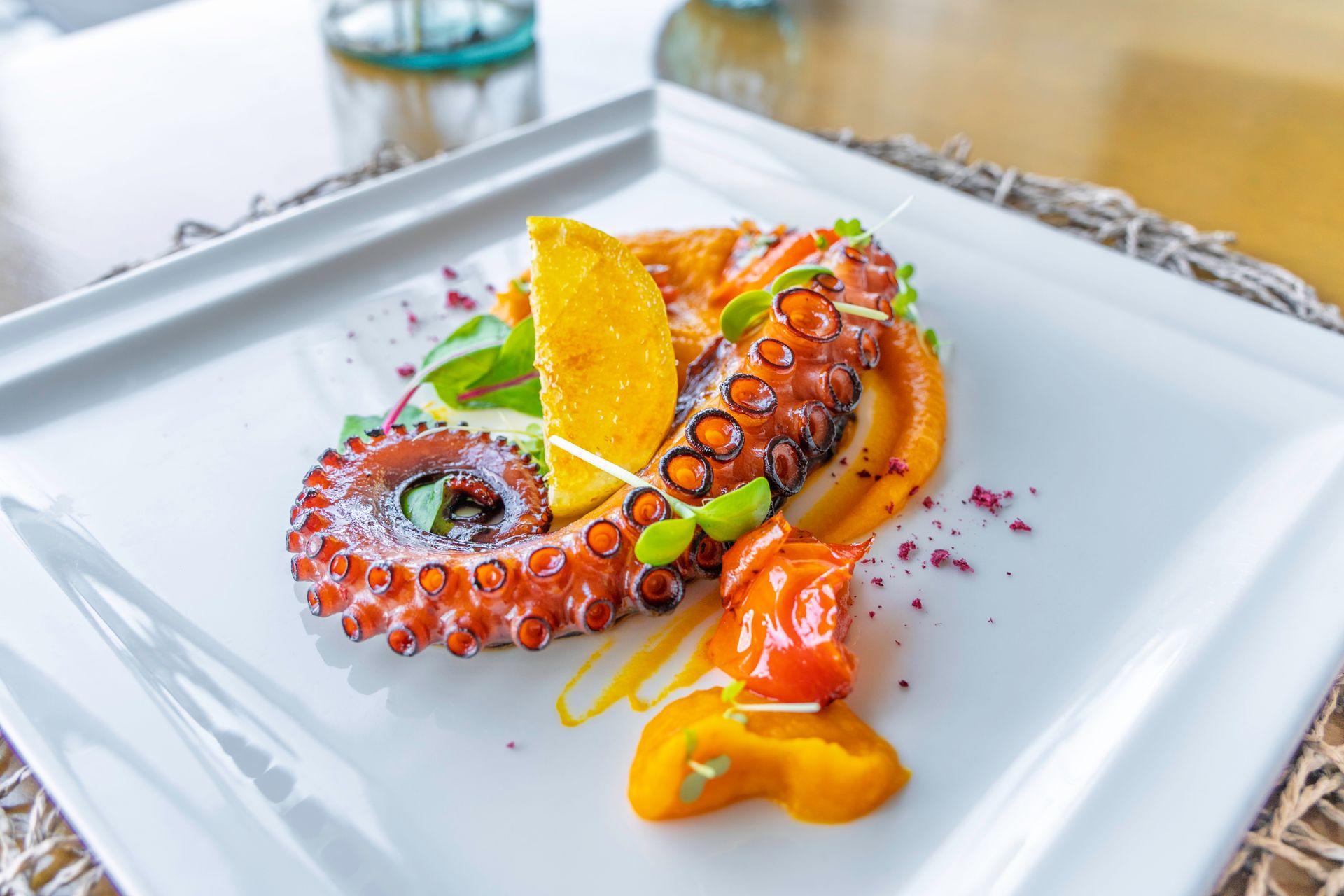Grilled octopus tentacle with pumpkin purée and citrus on a white square plate
