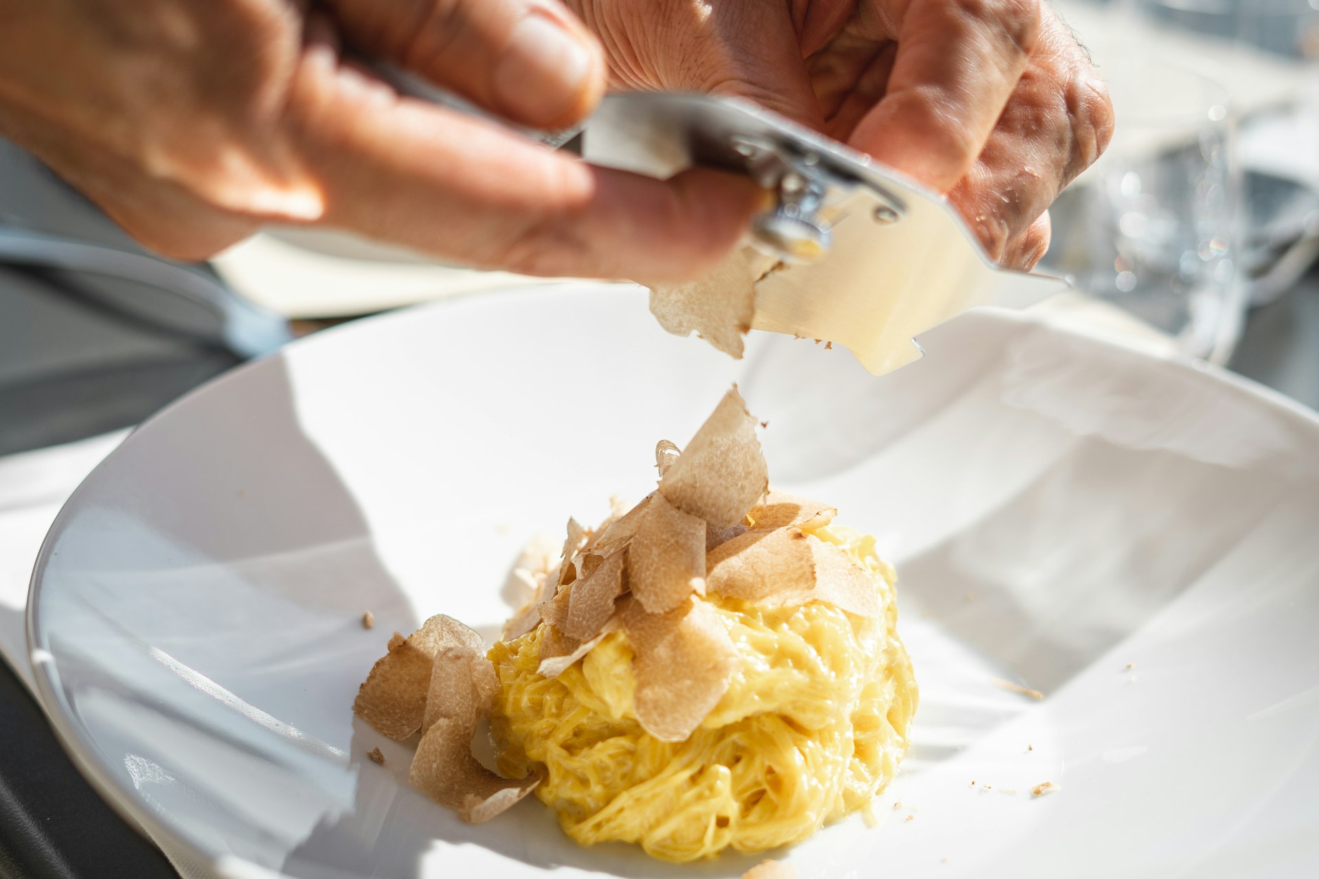 White truffle shaved over a nest of thin egg tajarin on a white plate