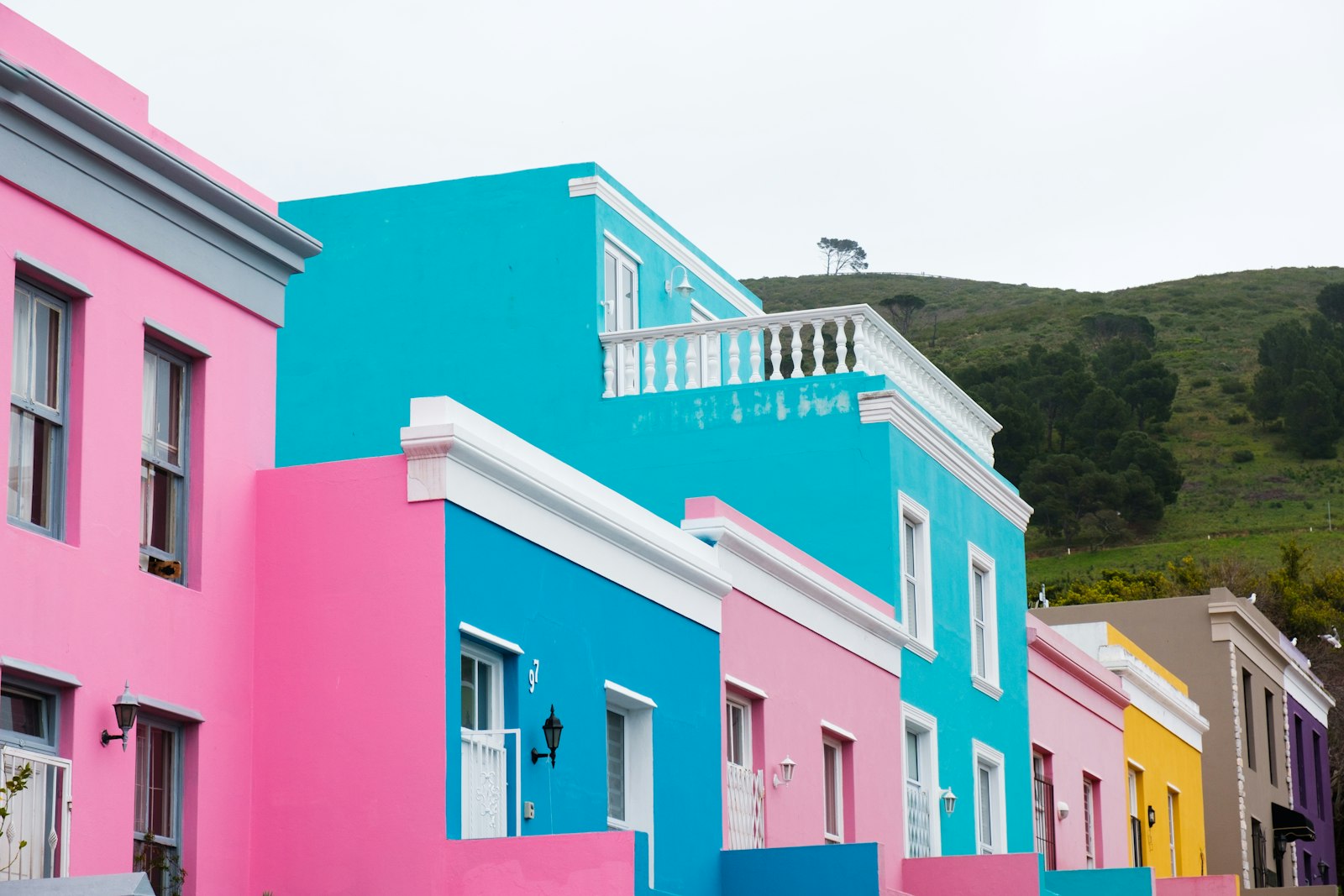Pink, turquoise and yellow terraced houses in Bo-Kaap, Cape Town, against a green hillside
