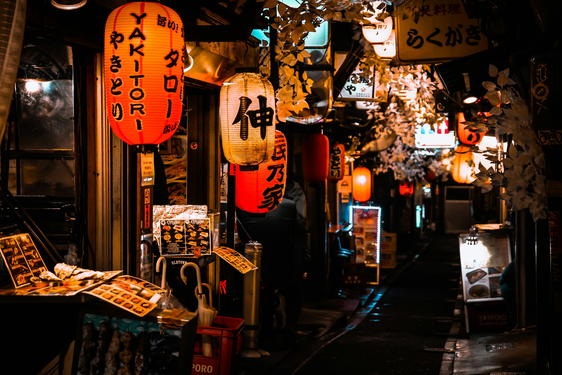 Red paper lanterns advertising yakitori hang over a narrow Shinjuku bar alley at night