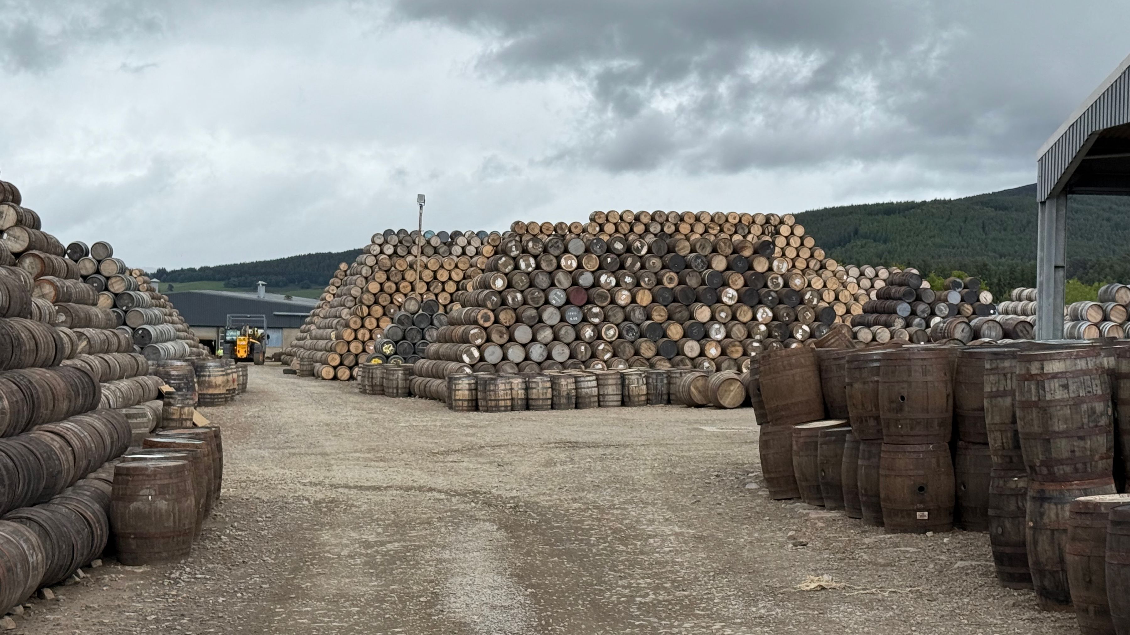 Whisky barrels stacked at a Scottish distillery warehouse