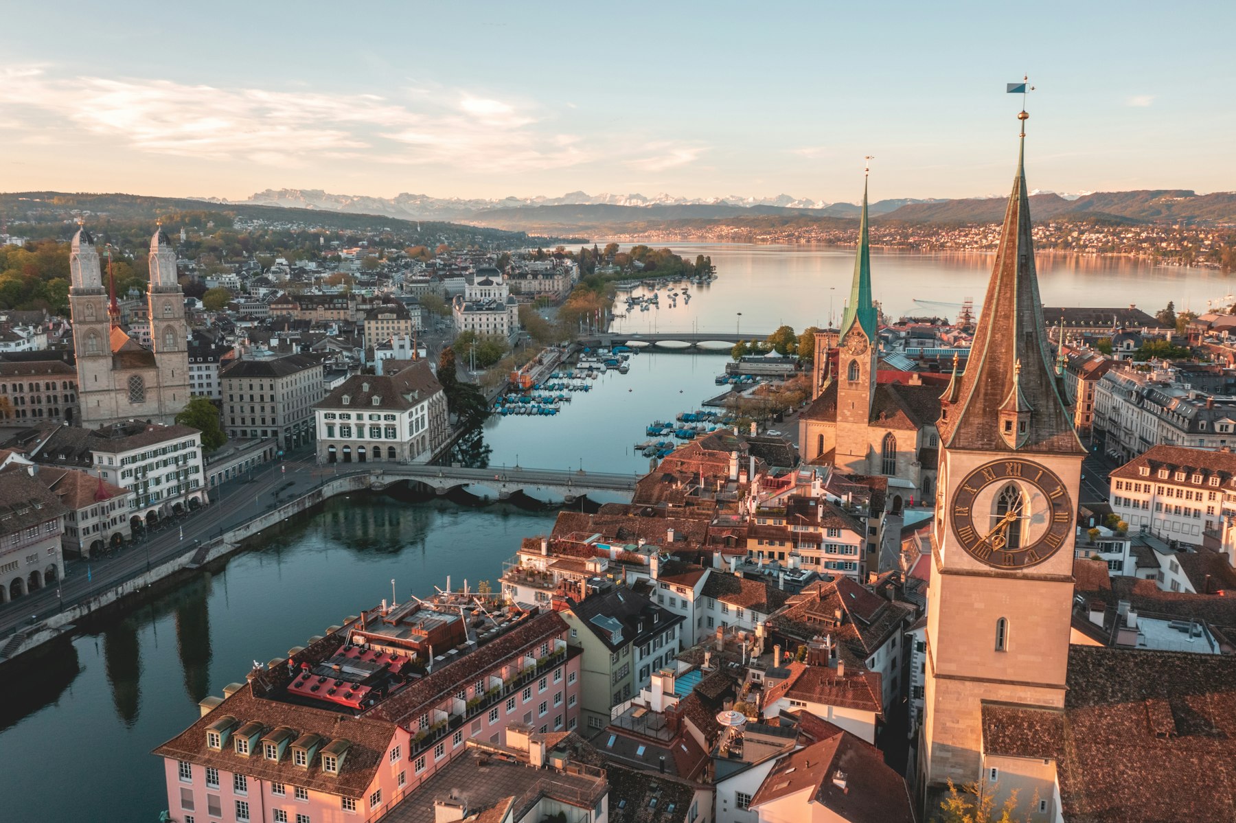 Aerial view of Zurich's old town spires along the Limmat river