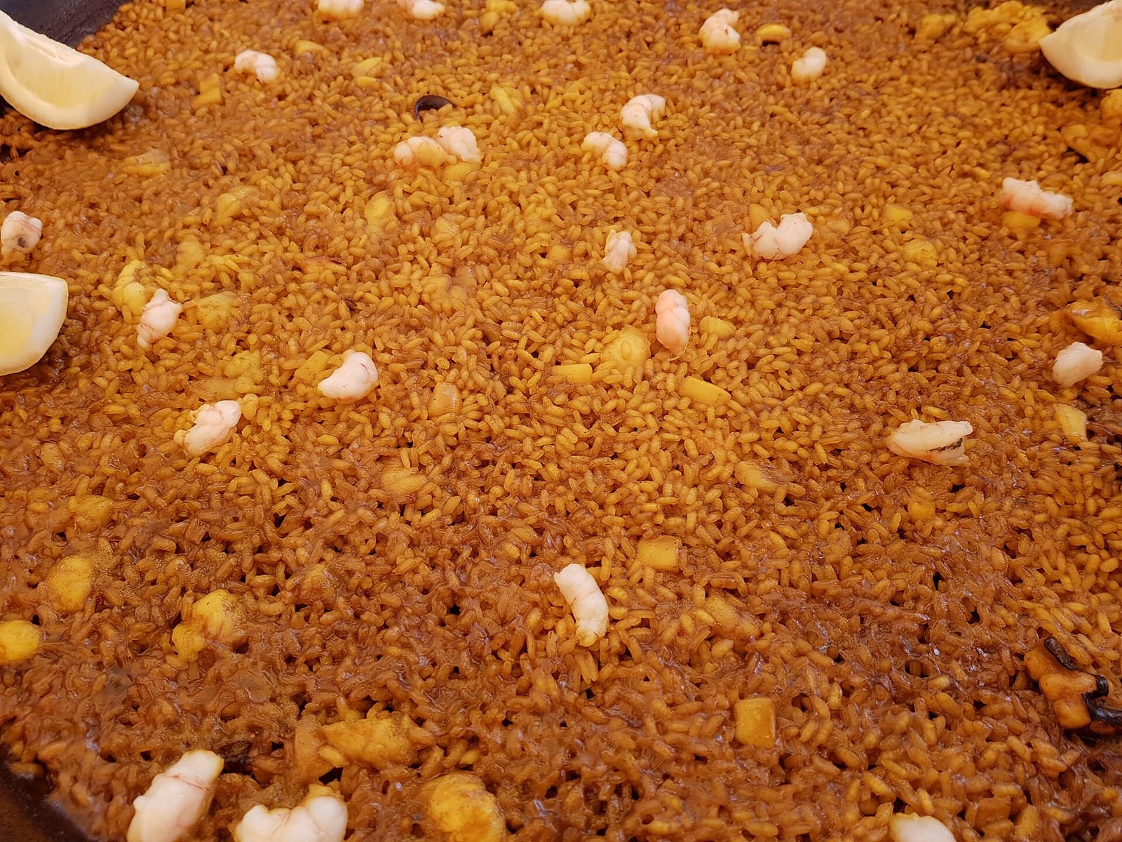 Arroz a banda in einer Paellapfanne mit Sepiawürfeln, geschälten Garnelen und Zitronenspalten