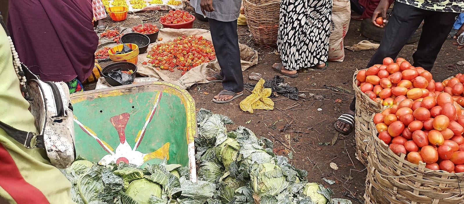 Baskets of tomatoes, scotch bonnet peppers and cabbages laid out at a Nigerian market